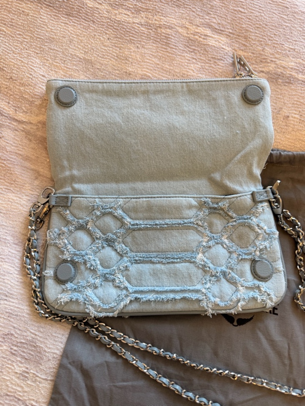 New Zadig & Voltaire Rock Fringed Denim Breeze Crossbody Clutch Light blue - Picture 4 of 9
